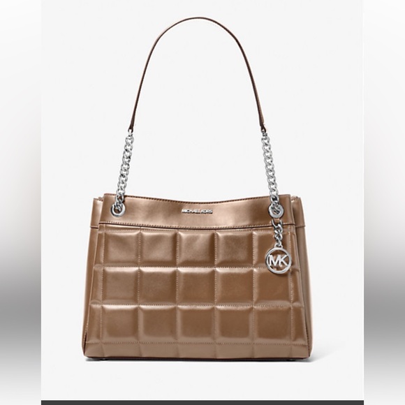 Michael Kors Susan Driftwood Medium Chain TAN Quilted Leather shoulder Tote Bag